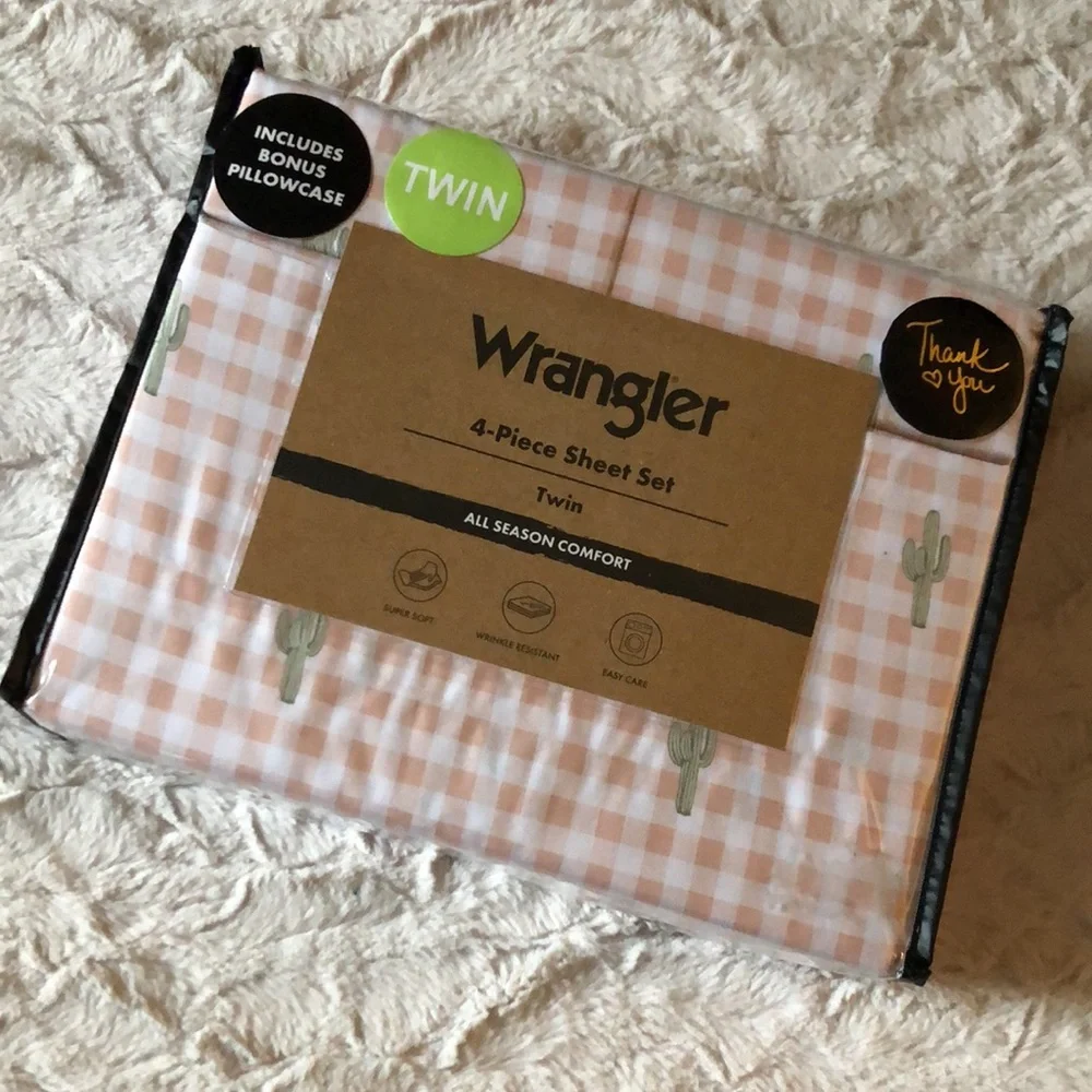 Wrangler Pink Gingham TWIN Sheet Set with Green Cactus Accents